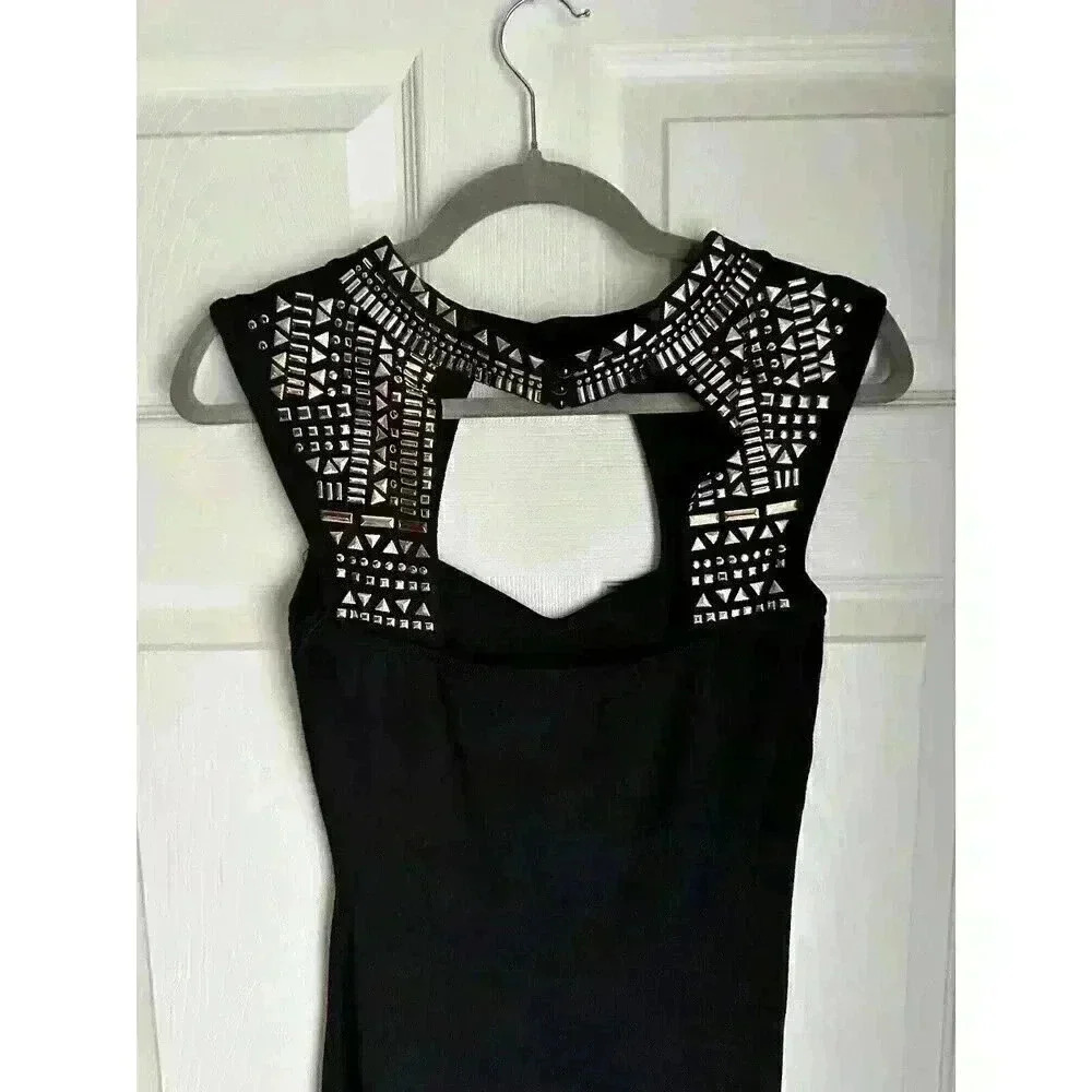 Bebe Black Body Con Dress Metallic Accents Choker Neck Size M - Picture 2 of 4